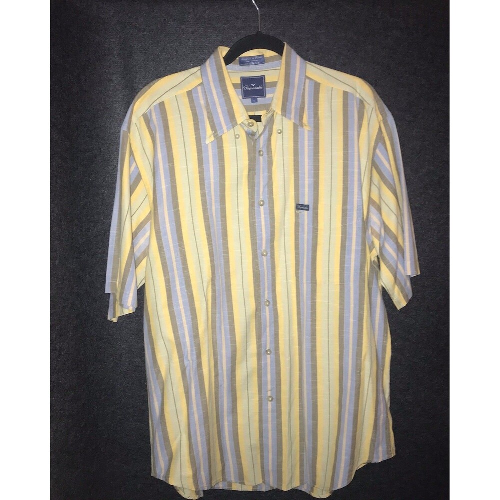 Faconnable Men's Casual Shirt Large Stripe Yellow Blue Grey Button Short Sleeve